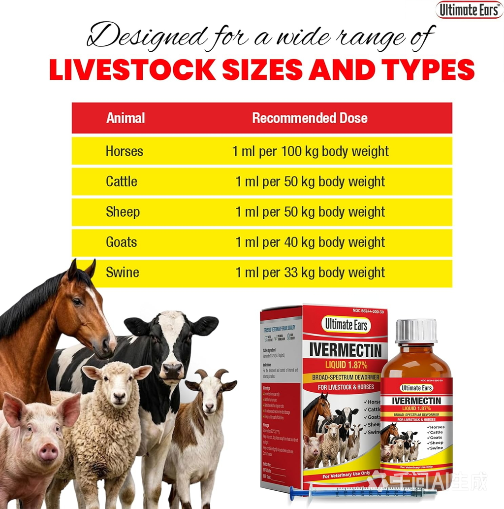 Ultimate Ears Dewormer for Horse, Dewormer for Goat and Cattle & More, Ivermectin Liquid for All Wormers, Tapeworms, Roundworms & Hookworms