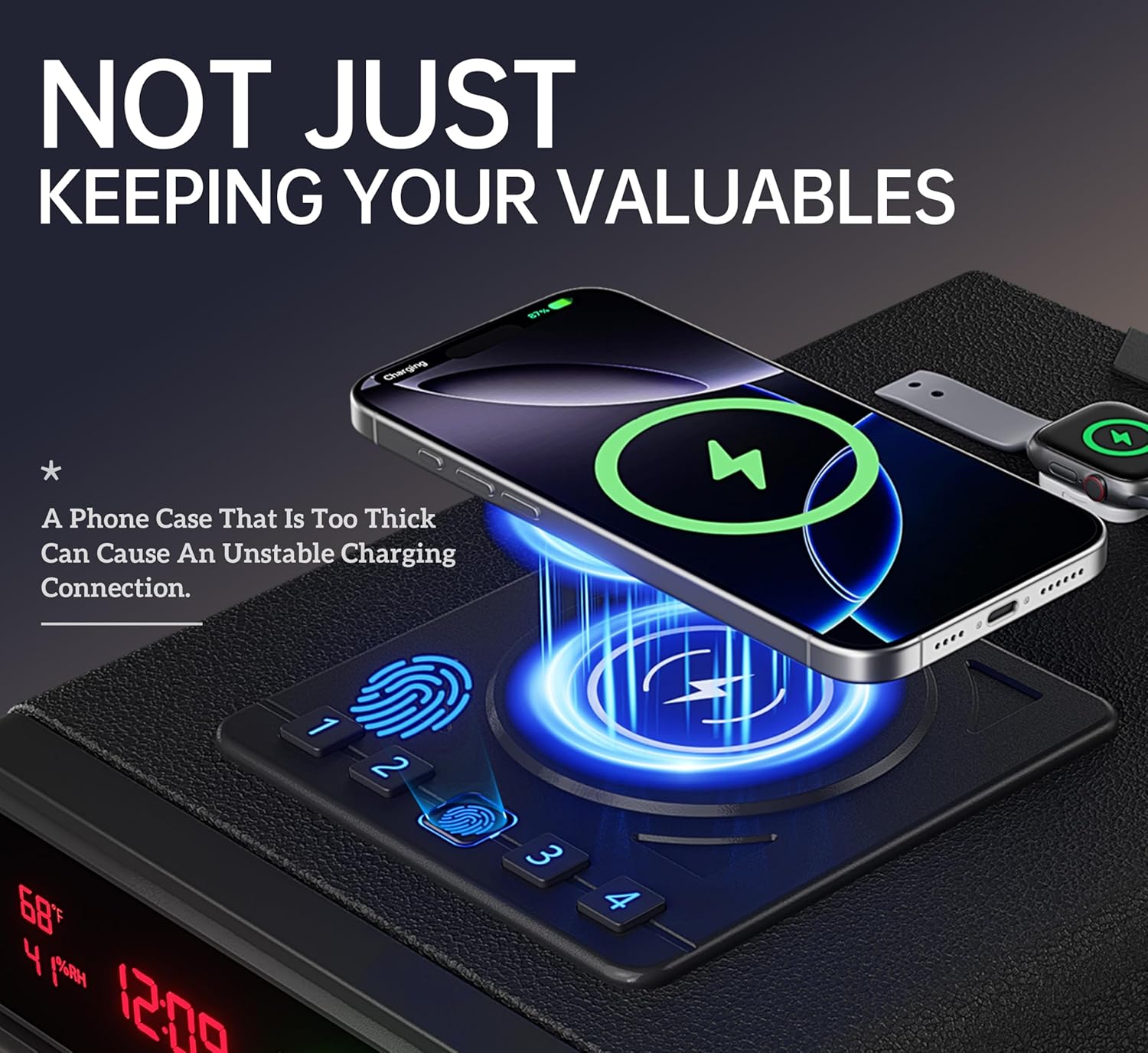 PSIL Biometric Smart Gun Safe with Wireless Charging, 3 Quick Access Money Box with Fingerprint - Compact Bedside Drawer Safe, 24/7 Digital Clock handgun safe,Gifts for Father's Day