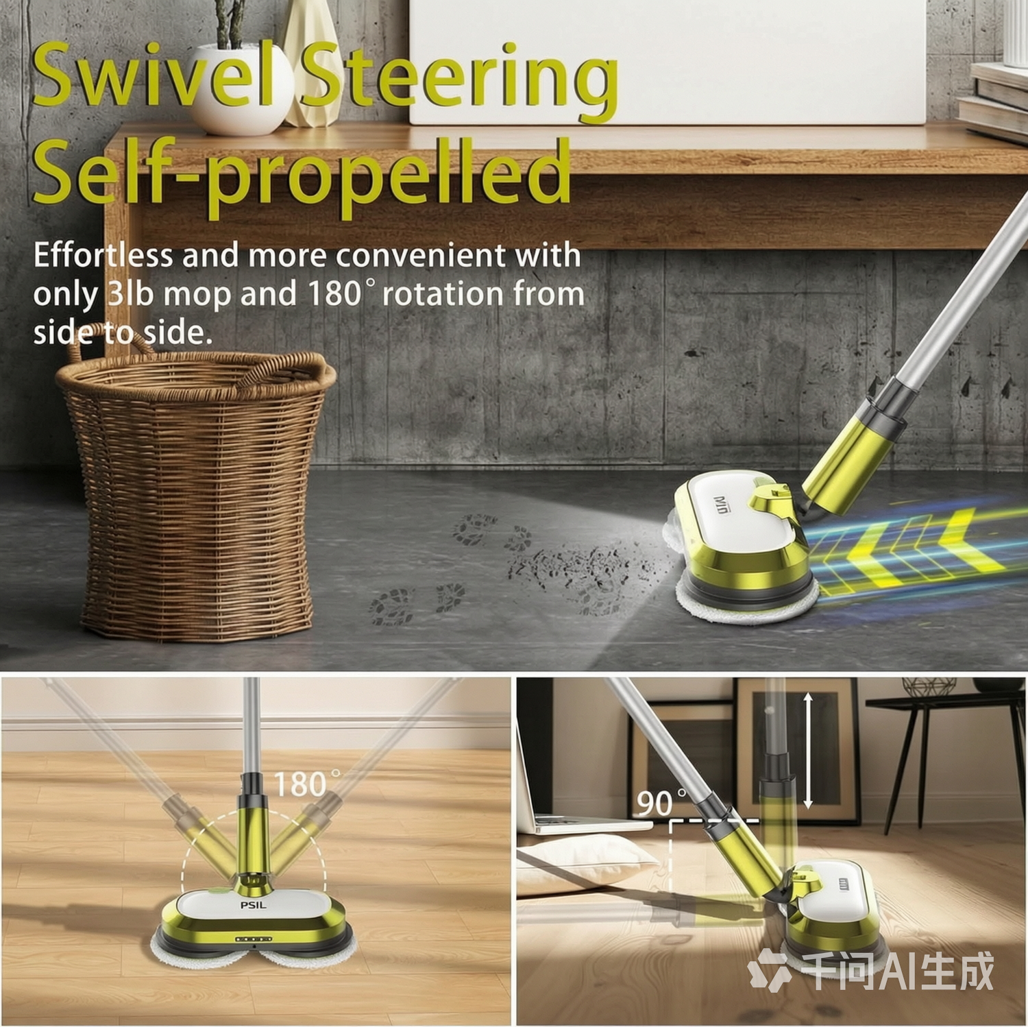 PSILCordless Electric Mop with Water Spray & Detachable Battery, Rechargeable Floor Spin Mop & Scrubber with LED Headlights, Washable Pads, Lightweight for Hardwood Tile Marble Floor Cleaning