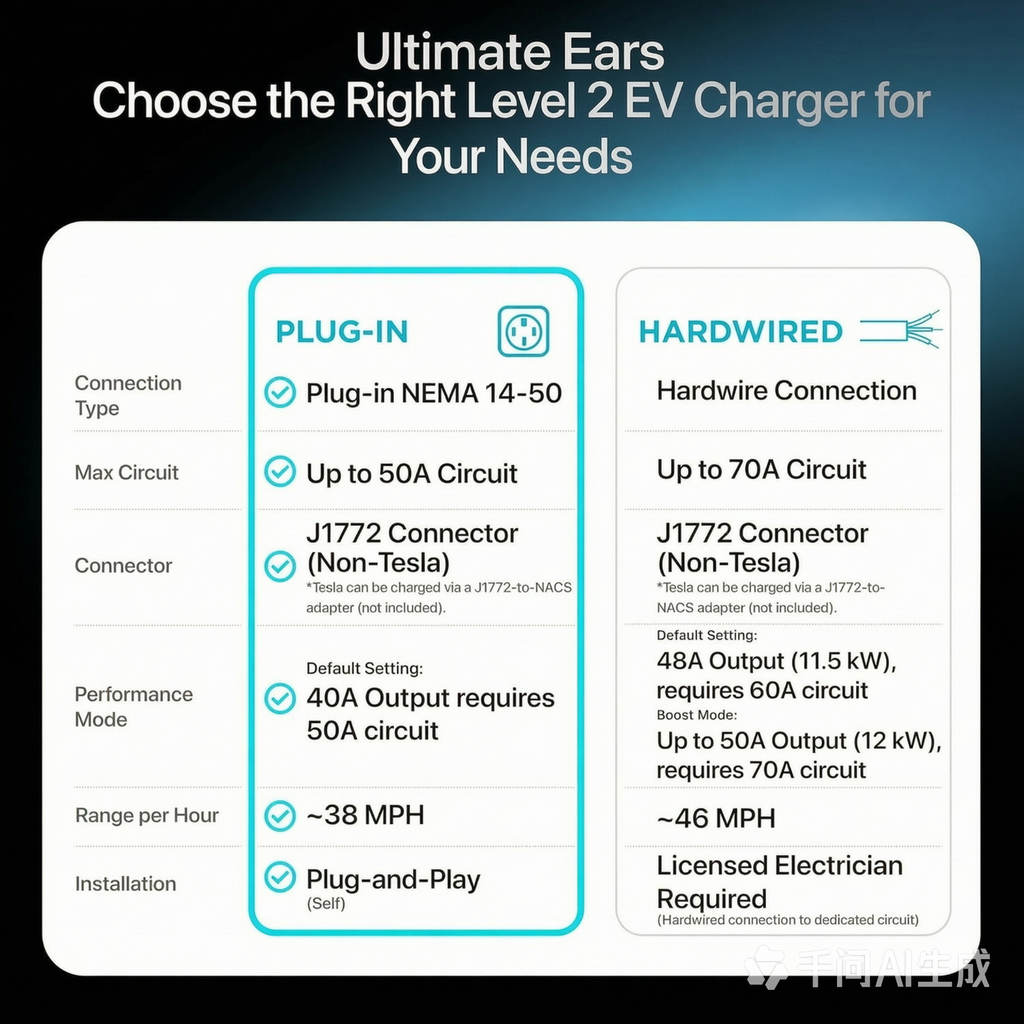 Ultimate Ears Level 2 EV Charger, 40 Amp 240V, J1772 for Non-Tesla EVs, 25ft Cable, WiFi (2.4GHz) Smart App, Weatherproof Indoor/Outdoor (IP66, NEMA 4), UL & ETL Certified, NEMA 14-50 Plug-in, 9.6kW