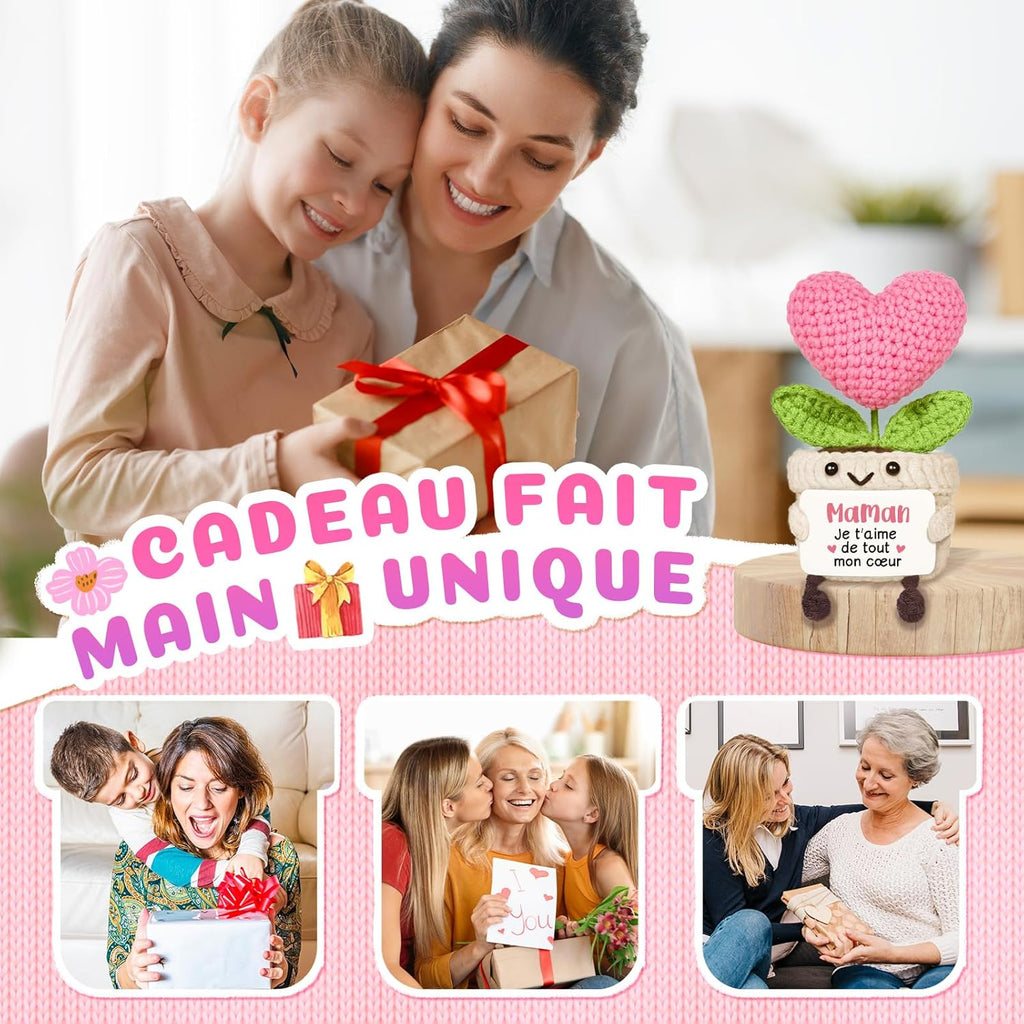 PSIL Cadeau Maman, Cadeau Anniversaire Maman - Décoration en Forme de Cœur Tricotée Rose, Cadeaux Fete des Meres, Cadeaux Mere Noel
