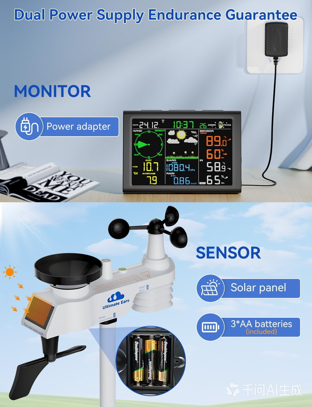 Ultimate Ears Wireless Weather Station with Outdoor Wireless Sensor,Radio Controlled Clock,Rain Gauge,Wind Speed/Direction,Moon Phase, Barometer,Temperature/Humidity,Weather Forecast (NO WiFi)
