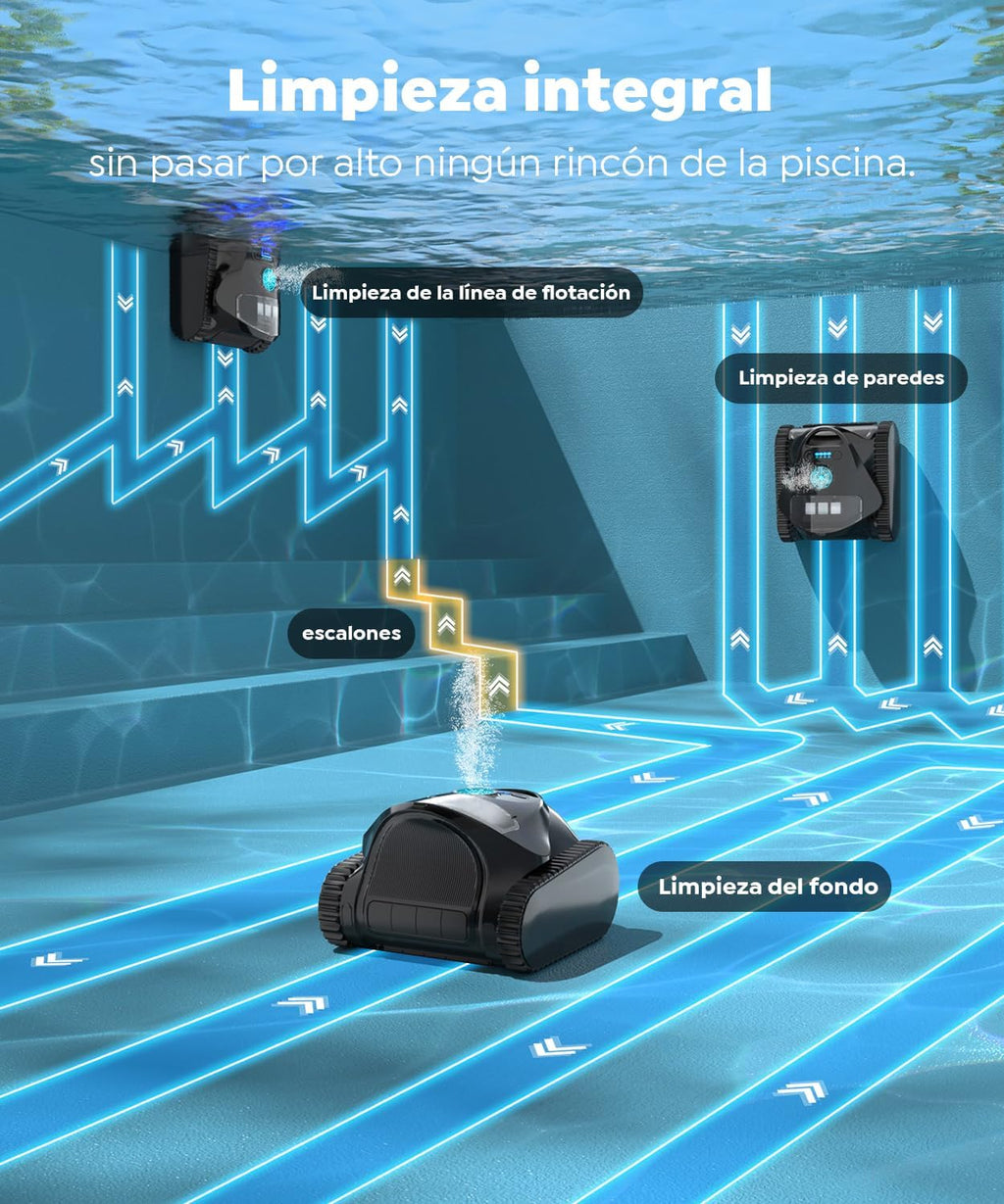 CharJenPro C1 Robot Piscina Limpiafondos y Paredes, Doble Filtro, Aspirador Piscina Bateria, 7 Modos Limpieza, 170-180 min Autonomía, Limpiador con App, Limpiafondos Piscina de hasta 150 m², Azul Abismo