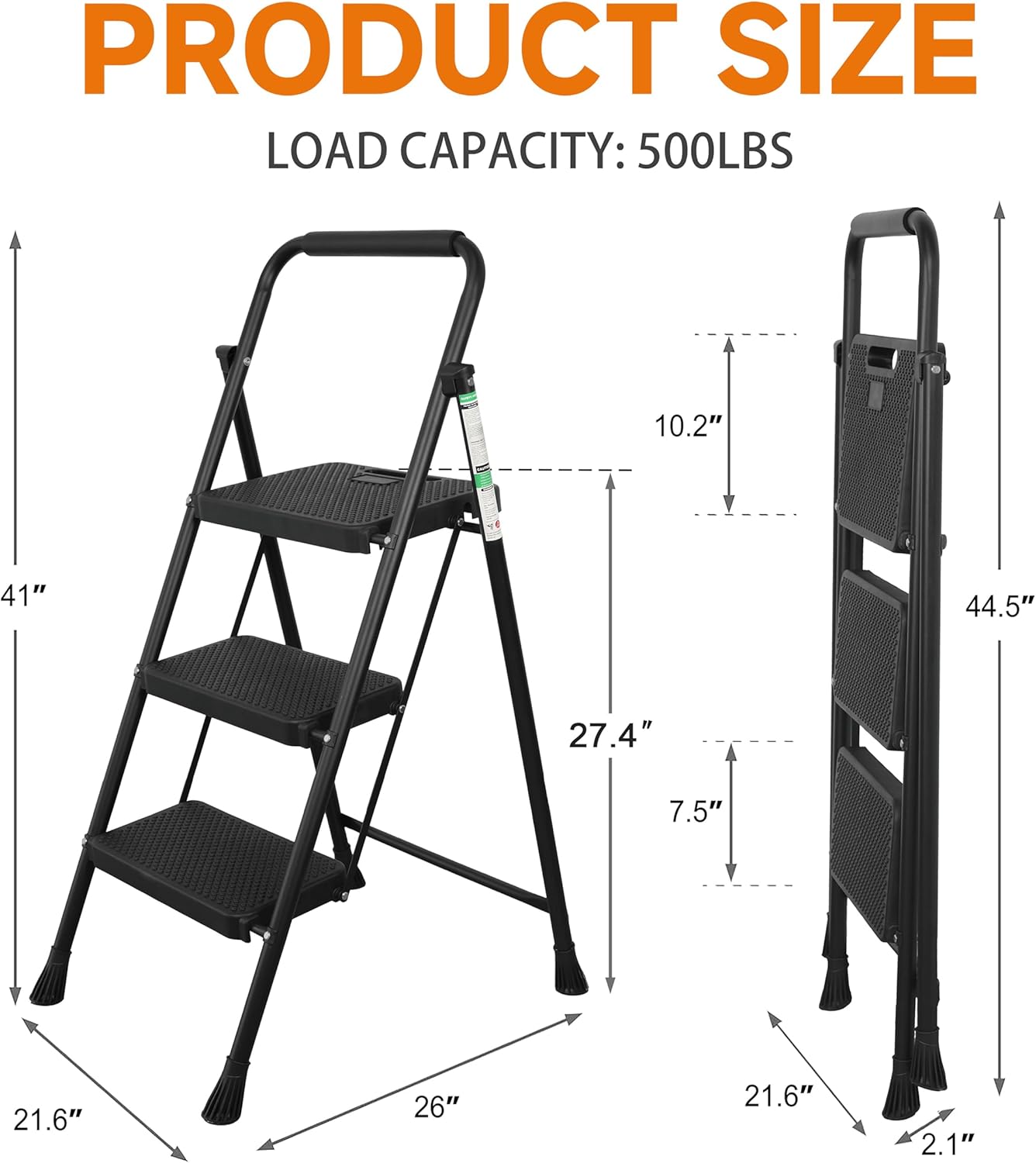 CharJenPro Step Ladder, Folding Step Stool with Wide Anti-Slip Pedals, Sturdy Steel Ladder with Handrail, Space-Saving, Portable for Home & Adults, 3 Step Ladder