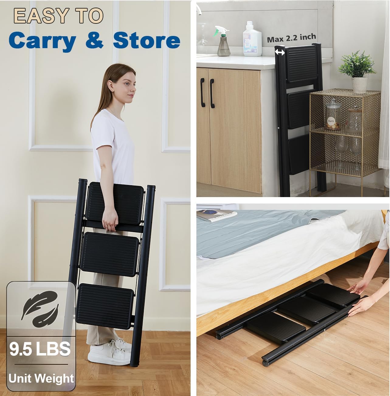 CharJenPro Folding 3 Step Ladder, Sturdy 330 Lbs Load Small Step Stool for Adults, Safer Full Steel Multi-use Kitchen Ladder for Home, Closet Step Stool Ladder with Wide Pedals, Black, 3-Step