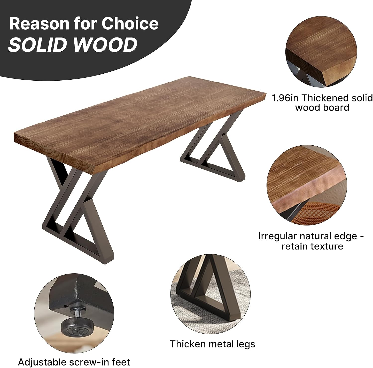 Ultimate Ears Solid Wood Desk 55 inches, Home Office Computer Desk Wooden Rustic Writing Desk Metal Modern Simple Design Executive Real Wood Desk(Rustic Brown)
