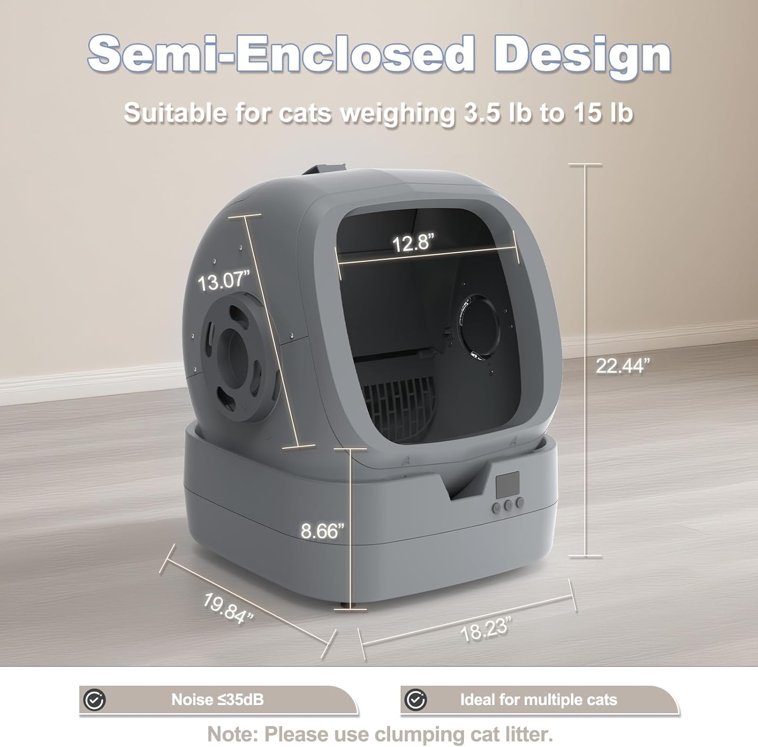 Ultimate Ears Automatic Cat Litter Box Self Cleaning - APP Control - Weight Monitoring - Ultra-Quiet, Medium Cats and Kittens Litter Box, Safe Anti-Pinch【Assembly Required】- Grey