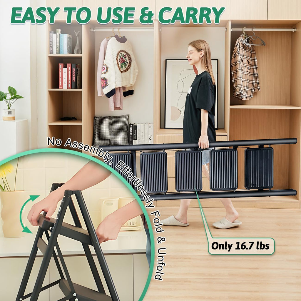 CharJenPro 5-Step Folding Ladder for Home Use, Heavy-Duty Step Ladder with Anti-Slip Wide Steps, Portable Foldable Ladder, 330 lbs Load Capacity