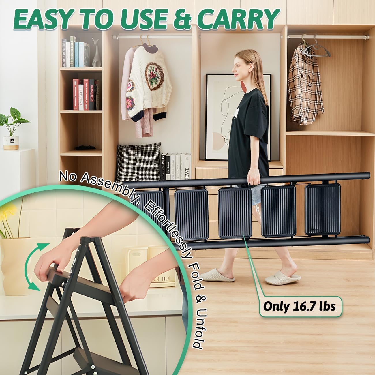 CharJenPro 5-Step Folding Ladder for Home Use, Heavy-Duty Step Ladder with Anti-Slip Wide Steps, Portable Foldable Ladder, 330 lbs Load Capacity