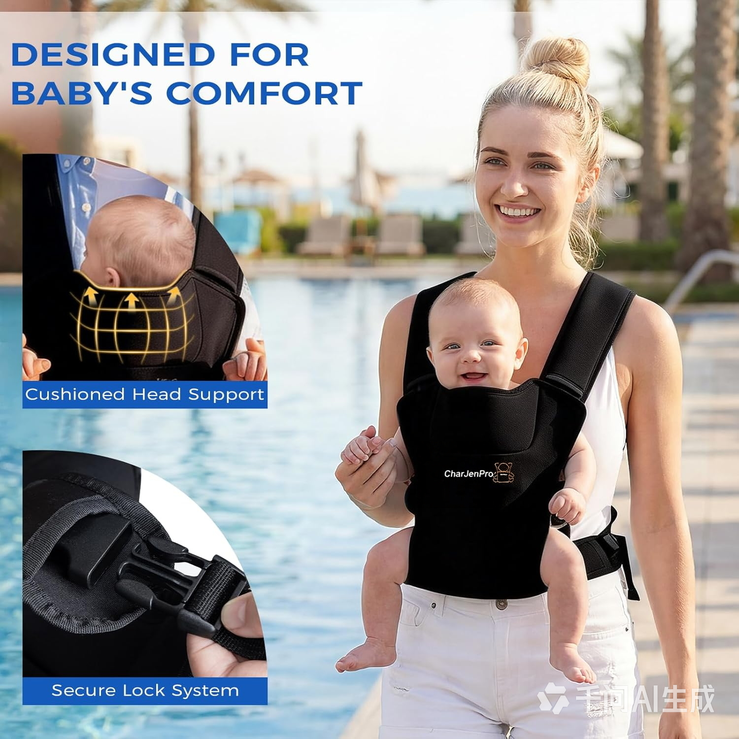 CharJenPro Baby Carrier for Infants & Toddlers – Ergonomic Lightweight Harness, Adjustable for Dad & Mom, Perfect for Pool Beach Hiking Travel, Quick-Dry & Waterproof (Black)