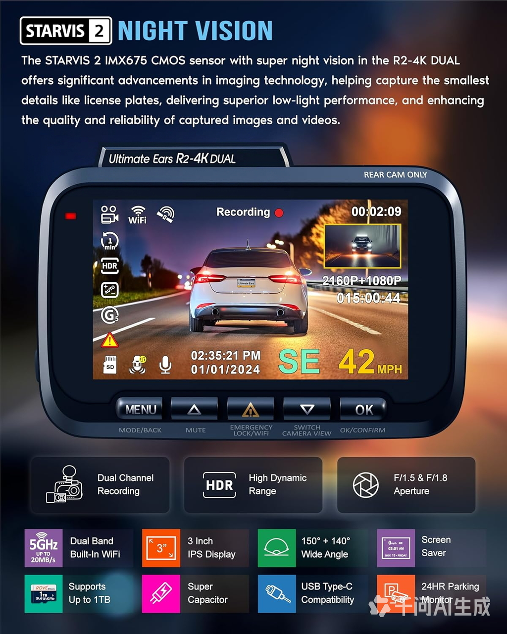 Ultimate Ears R2-4K DUAL Dash Cam Front and Rear, STARVIS 2 Sensor, FREE 128GB Card Included, 5G WiFi - up to 20MB/s Fastest Download Speed with App, 4K 2160P/FHD Dash Camera for Cars, 3" IPS, 24H Parking Mode