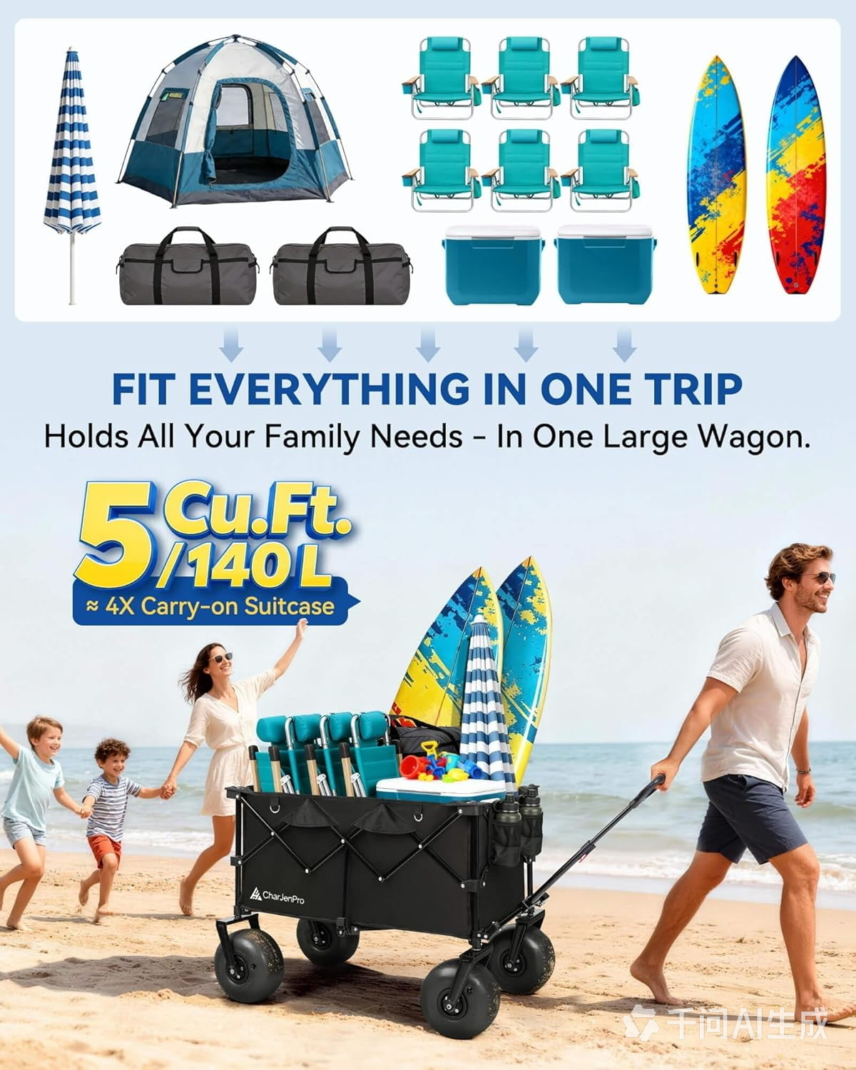 CharJenPro Beach Wagon with Balloon Wheels, 9" PU Tires Collapsible Wagon, 440lbs Heavy Duty Beach Cart with Big Wheels for Sand, Large Capacity Utility Wagons Carts Visit the CharJenPro Store