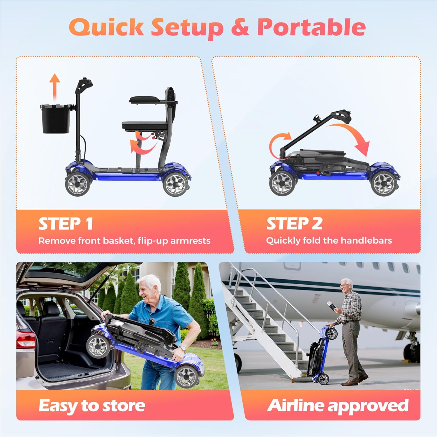 Lightweight Mobility Scooter for Adults & Seniors - Cruise & Airport Approved, 43lb Foldable Portable Motorized Scooters with Removable Lithium Battery for 12.4 Miles Travel, 300lb Capacity, Blue