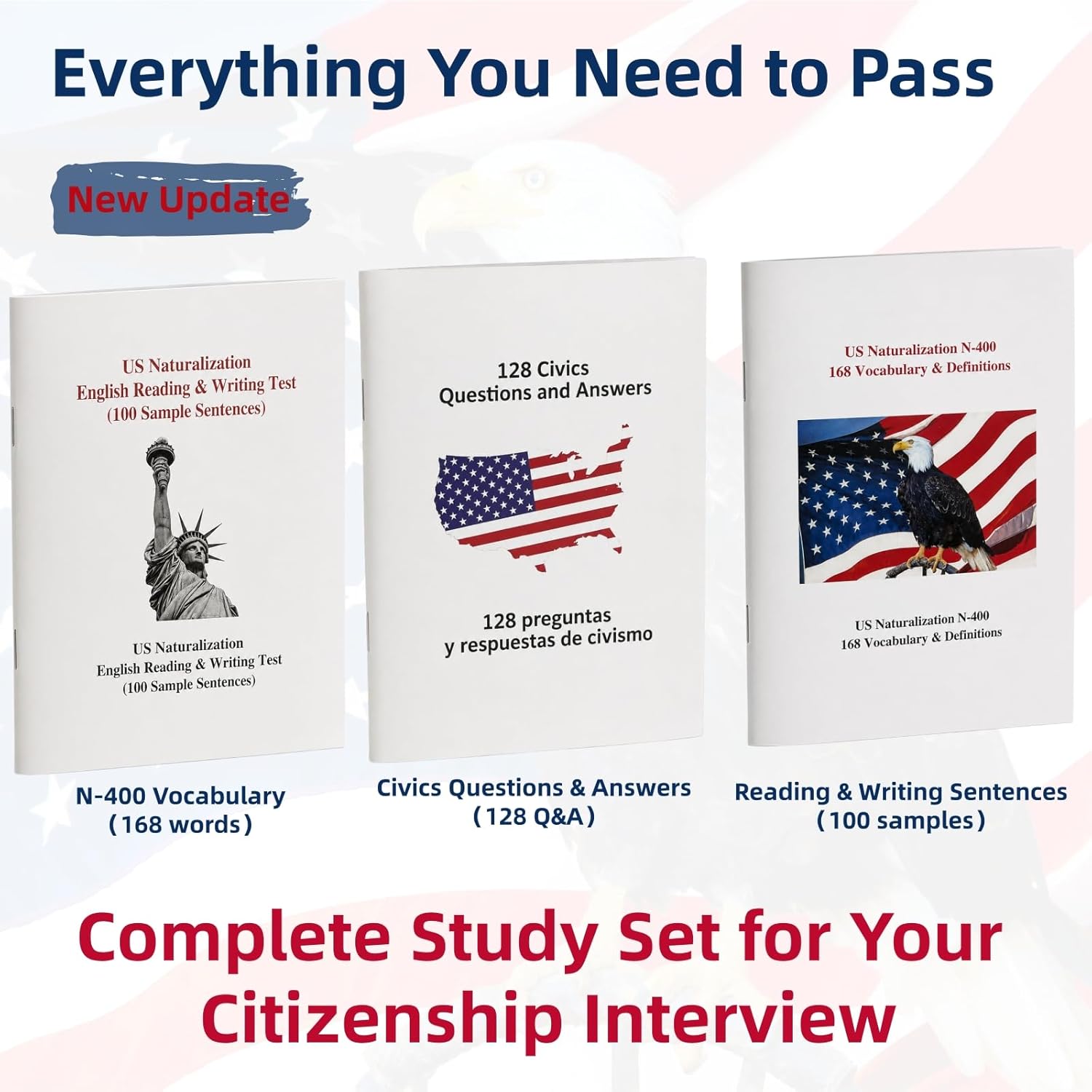 PSIL Upgrade US Citizenship Flash Cards 2026, New Version with Audio, N-400 Vocabulary Definition, Reading & Writing Test, 128 Q&A, Souvenir Pin, English & Spanish Portable Study Guide