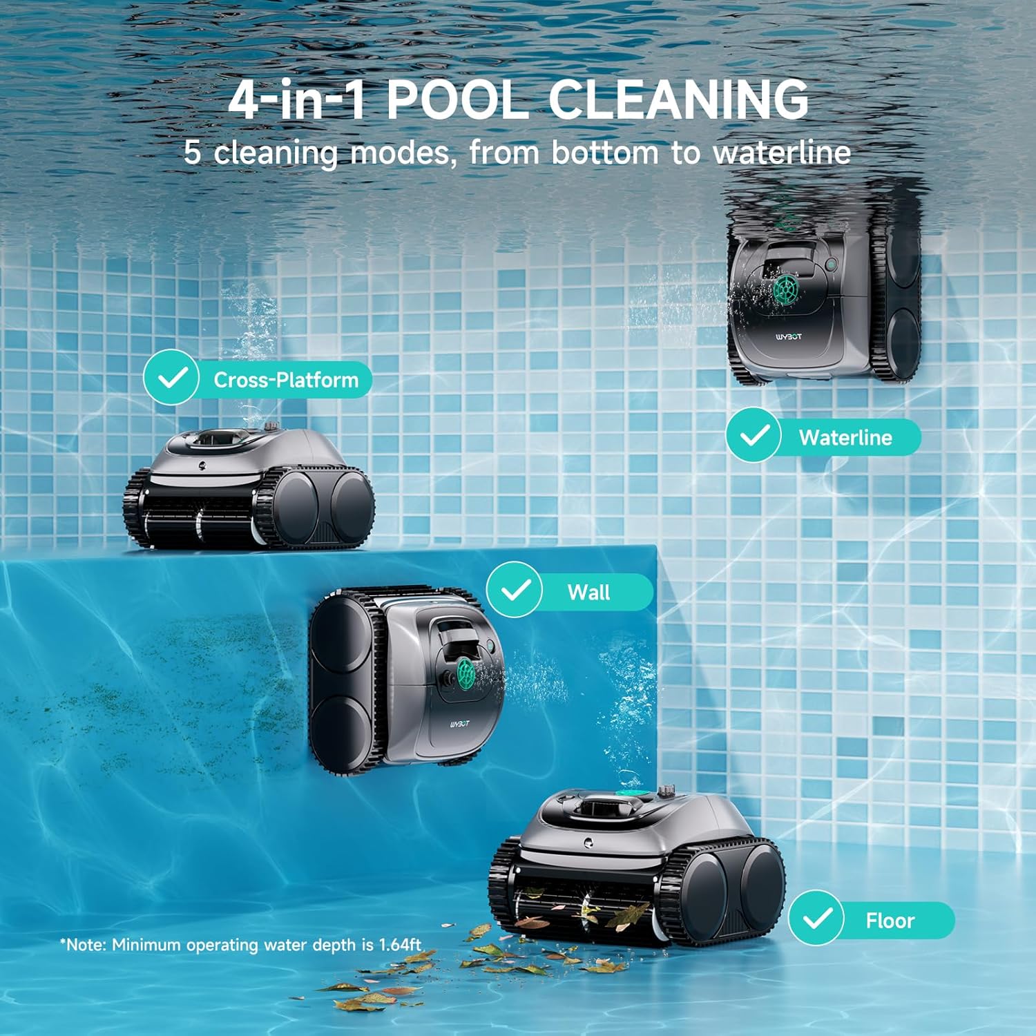 PSIL 2026 Upgrade C1 Cordless Robotic Pool Vacuum for Inground Pools, Above Ground Smart Pool Cleaner 4-in-1 Wall & Waterline Cleaning Up to 1,621 sq.ft, 150mins App Conrol Navigation, Gray Green