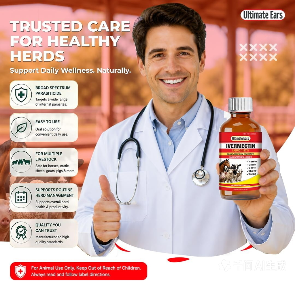Ultimate Ears Dewormer for Horse, Dewormer for Goat and Cattle & More, Ivermectin Liquid for All Wormers, Tapeworms, Roundworms & Hookworms