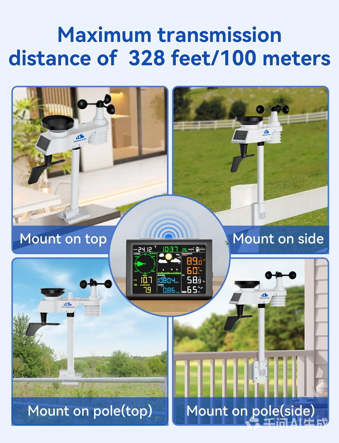 Ultimate Ears Wireless Weather Station with Outdoor Wireless Sensor,Radio Controlled Clock,Rain Gauge,Wind Speed/Direction,Moon Phase, Barometer,Temperature/Humidity,Weather Forecast (NO WiFi)