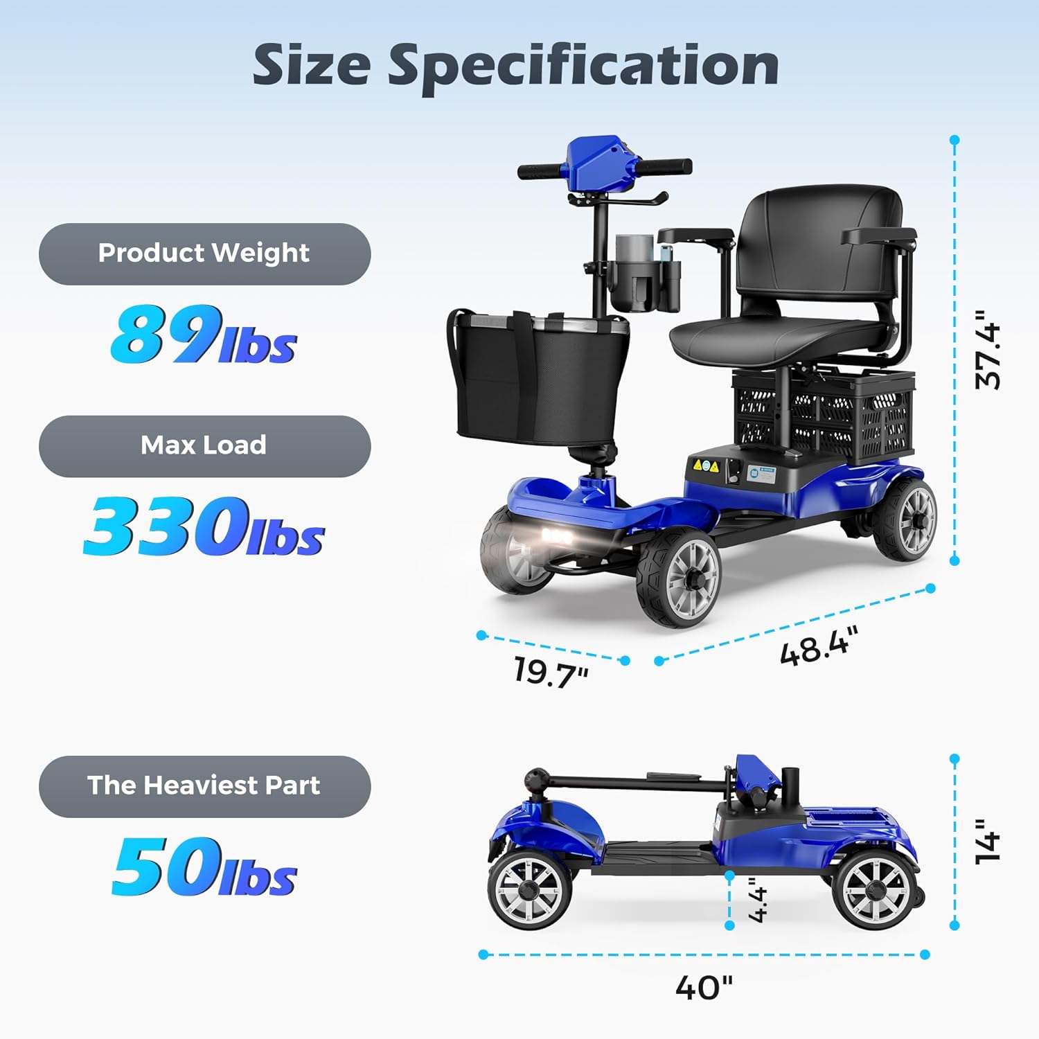Foldable 4-Wheel Mobility Scooter for Adults – Portable Motorized Scooter with 330 lbs Capacity, Detachable Battery, Dual Baskets, Cup & Phone Holder, Blue