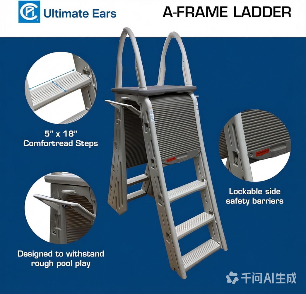Ultimate Ears  7200 Roll Guard fits Above-Ground Pool Heights from 48" to 56" A Frame Safety Ladder for Above Ground Outdoor Patio Swimming Pool Platform Ladder with Step Barrier, Gray Deck & Tambour