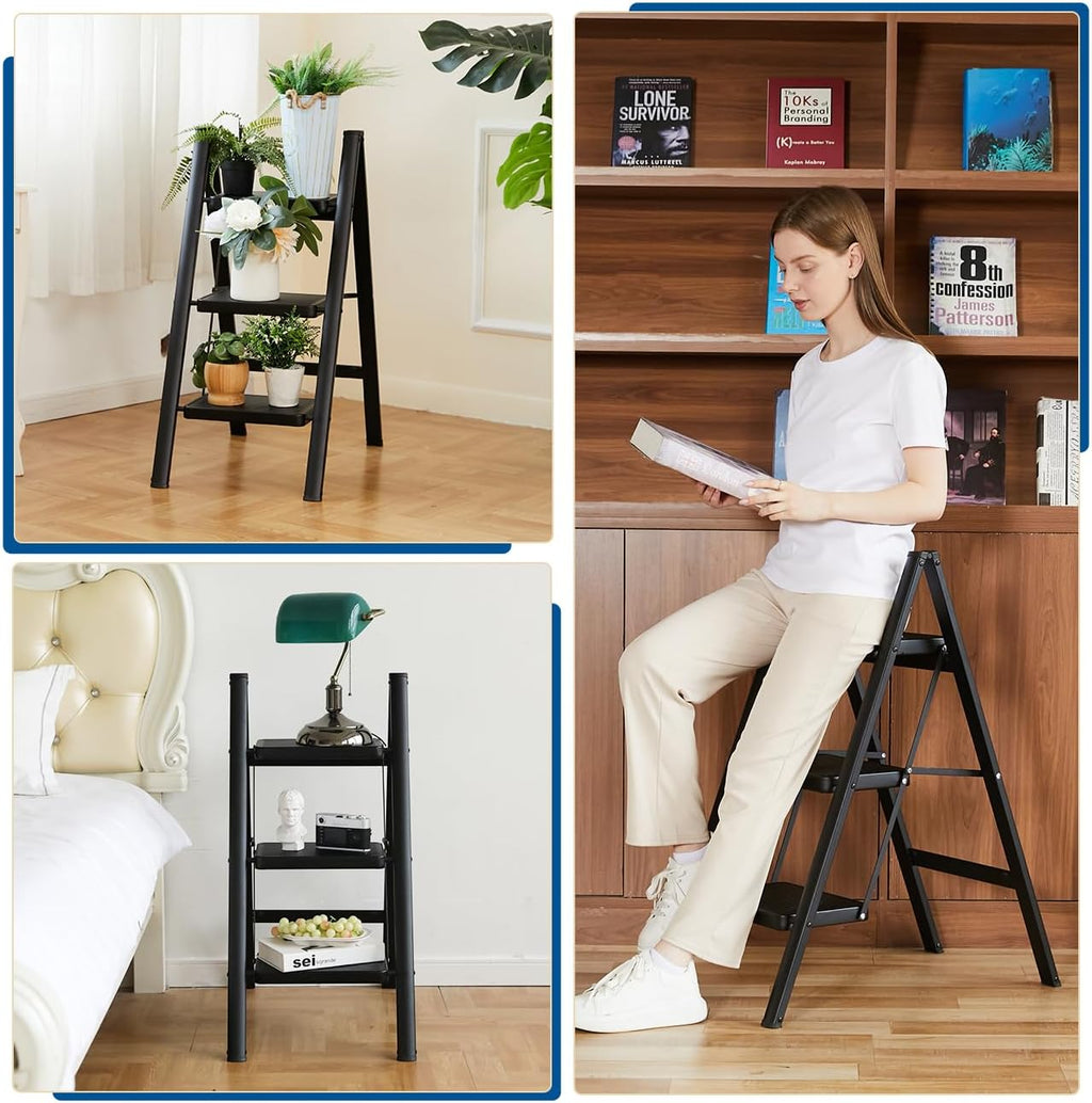 CharJenPro Folding 3 Step Ladder, Sturdy 330 Lbs Load Small Step Stool for Adults, Safer Full Steel Multi-use Kitchen Ladder for Home, Closet Step Stool Ladder with Wide Pedals, Black, 3-Step