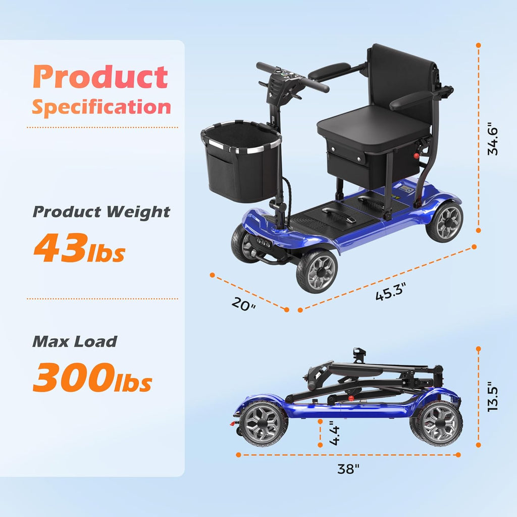 Lightweight Mobility Scooter for Adults & Seniors - Cruise & Airport Approved, 43lb Foldable Portable Motorized Scooters with Removable Lithium Battery for 12.4 Miles Travel, 300lb Capacity, Blue