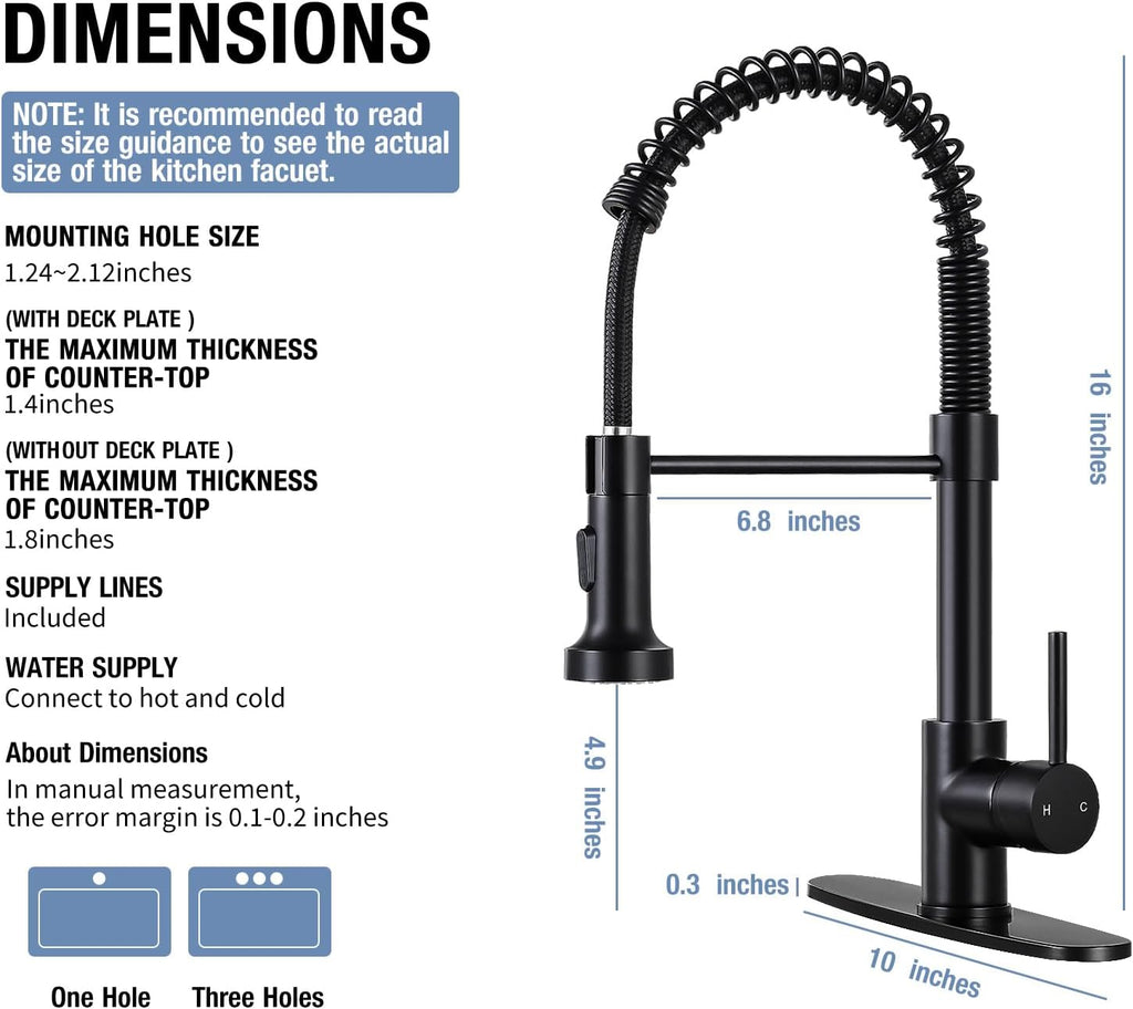 Kitchen Faucets with Pull Down Sprayer Single Handle 1 or 3 Holes Spring Kitchen Sink Faucet with Deck Plate for Farmhouse RV Vessel Basin (Matte Black)
