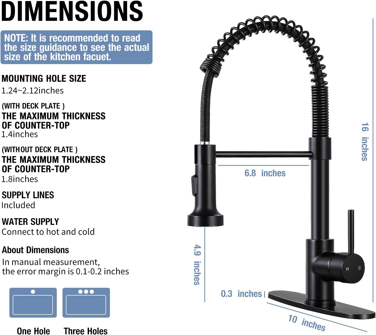 Kitchen Faucets with Pull Down Sprayer Single Handle 1 or 3 Holes Spring Kitchen Sink Faucet with Deck Plate for Farmhouse RV Vessel Basin (Matte Black)