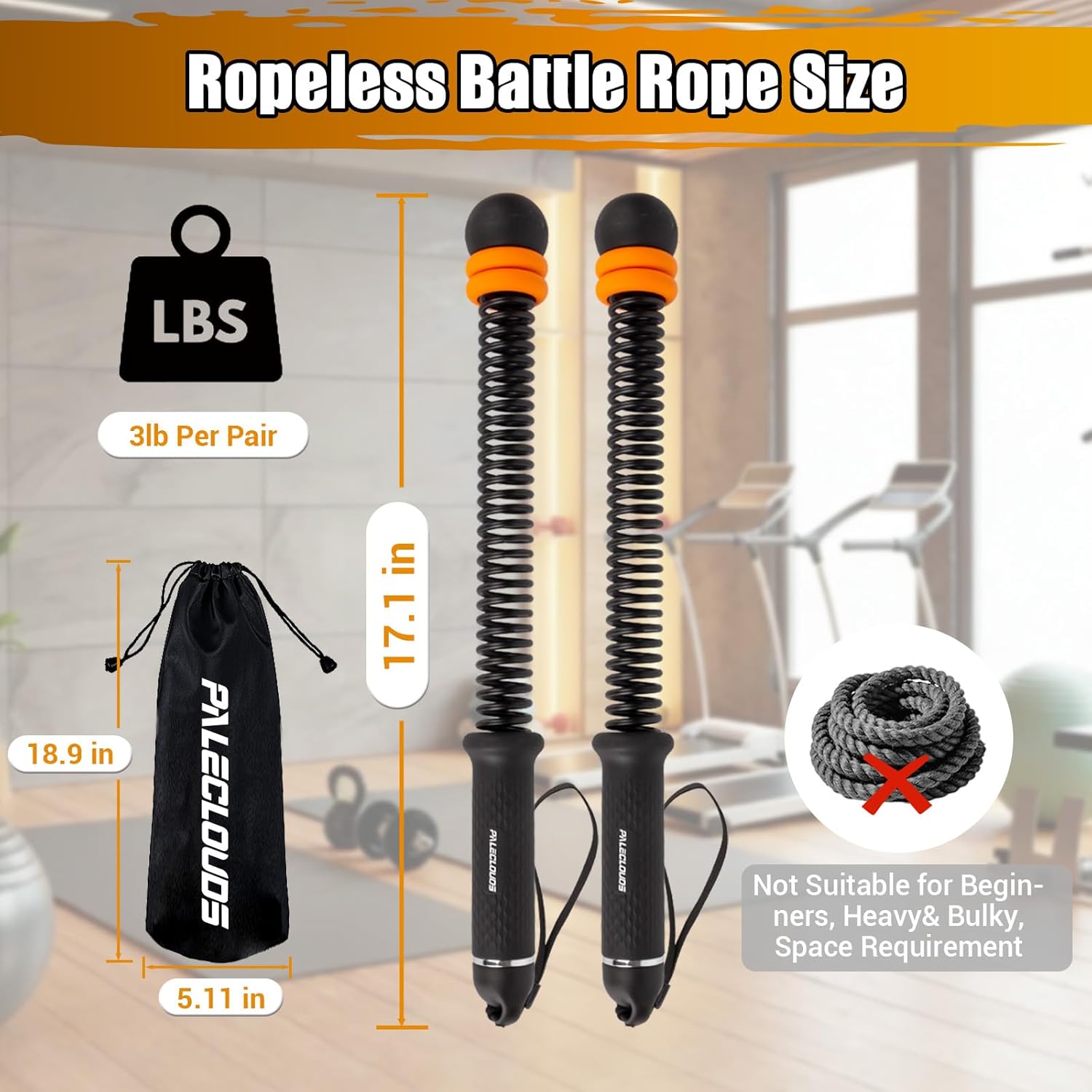 PSIL Portable Ropeless Battle Ropes, Adjustable Weights Cordless Battle Ropes for Home Gym with Storage Bag, Weighted Exercise Equipment for Low-Impact Workout, Strength & HIIT, for Men & Women (Black)