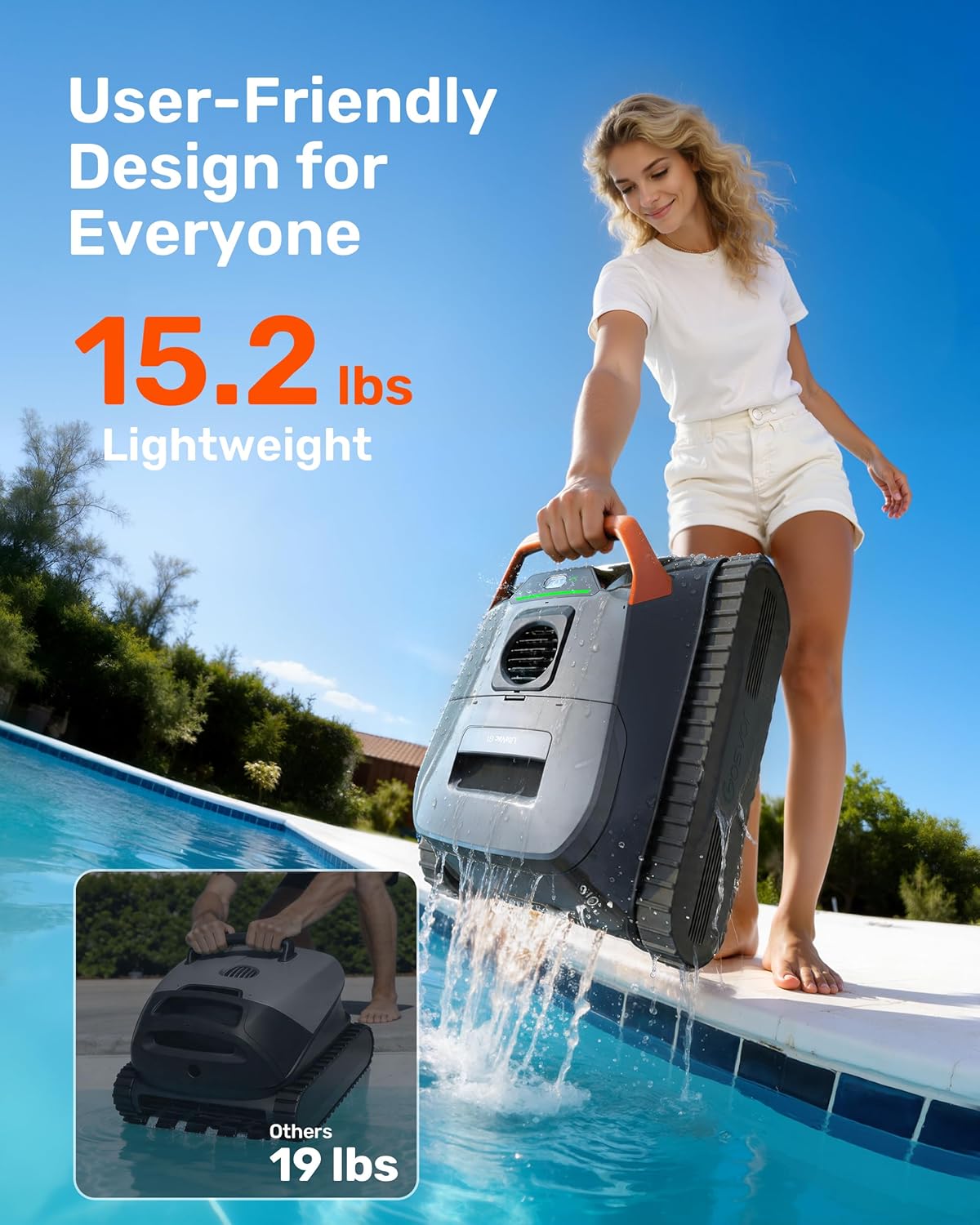 LiteVac G1 Pool Vacuum for Inground & Above Ground Pools, Up to 200 Mins, Floor/Wall/Waterline/Shallow Area Cleaning with Smart Navigation, 15.2 lbs Lightweight, Double Filtration, Orange