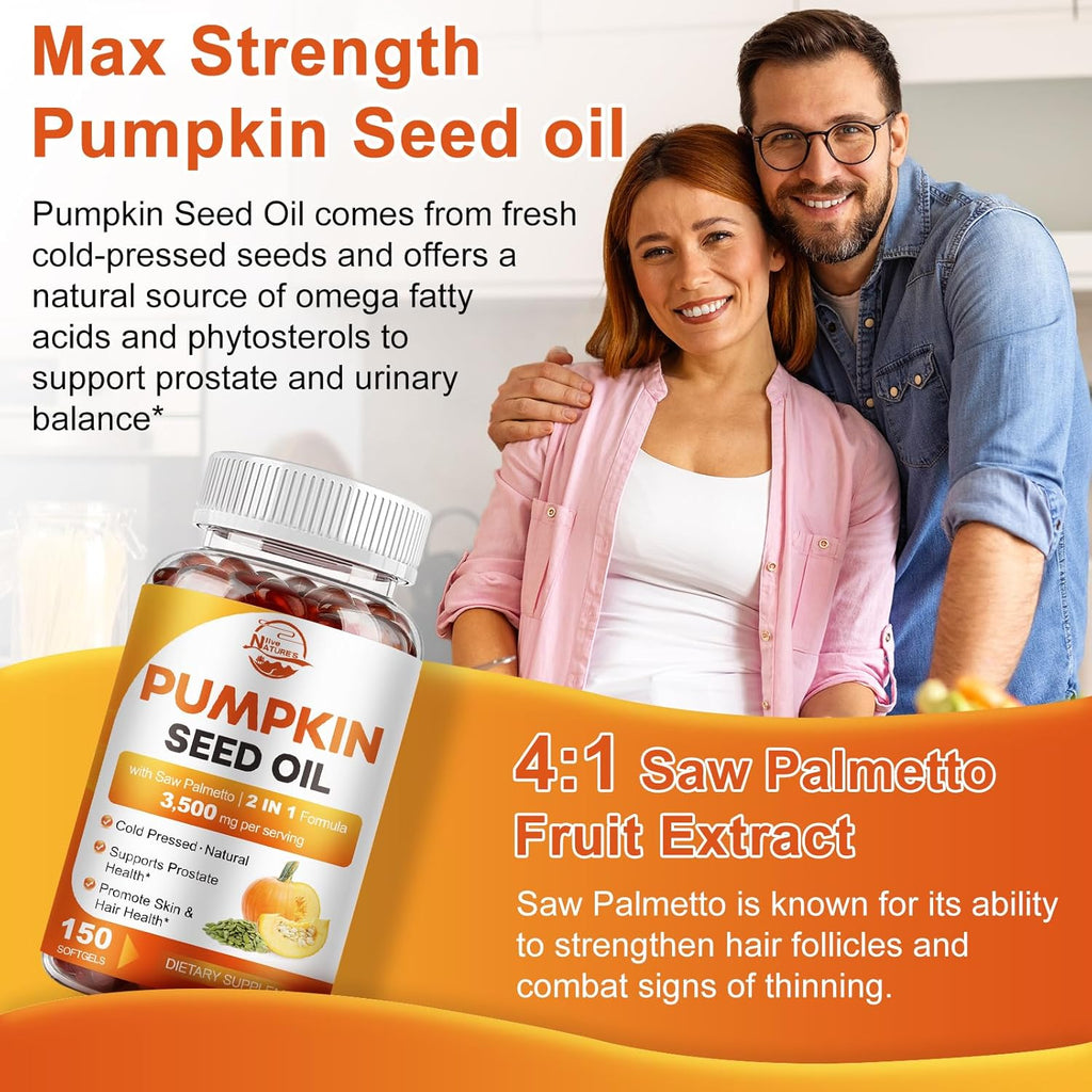 Ultimate Ears Pumpkin Seed Oil with Saw Palmetto, 3500mg Max Strength per Serving, 150 Softgels, Cold-Pressed with Essential Fatty Acids & Phytosterols, Supports Hair, Bladder Prostate Health & Immune