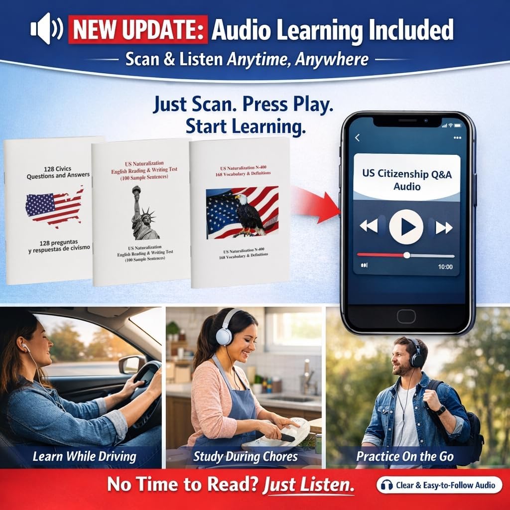 PSIL Upgrade US Citizenship Flash Cards 2026, New Version with Audio, N-400 Vocabulary Definition, Reading & Writing Test, 128 Q&A, Souvenir Pin, English & Spanish Portable Study Guide