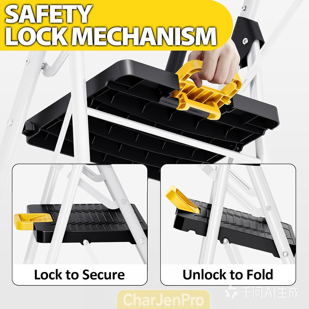CharJenPro Folding 5-Step Ladder, 800 lbs Capacity Step Stool with Safety Lock, Tool Tray, Non-Skid Wide Steps, Handrail, Household Folding Ladder for Home, Garden, Painting, Outdoor, and Garage, White