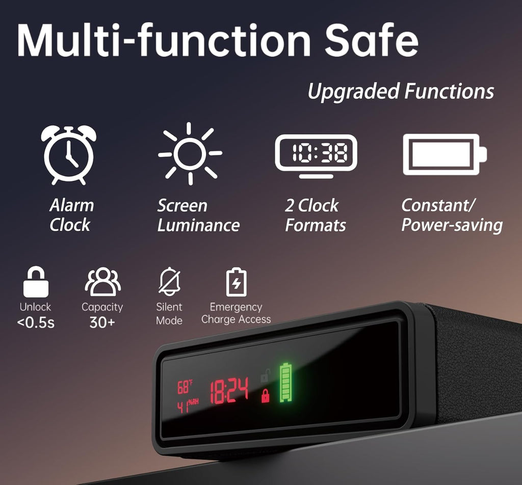 PSIL Biometric Smart Gun Safe with Wireless Charging, 3 Quick Access Money Box with Fingerprint - Compact Bedside Drawer Safe, 24/7 Digital Clock handgun safe,Gifts for Father's Day