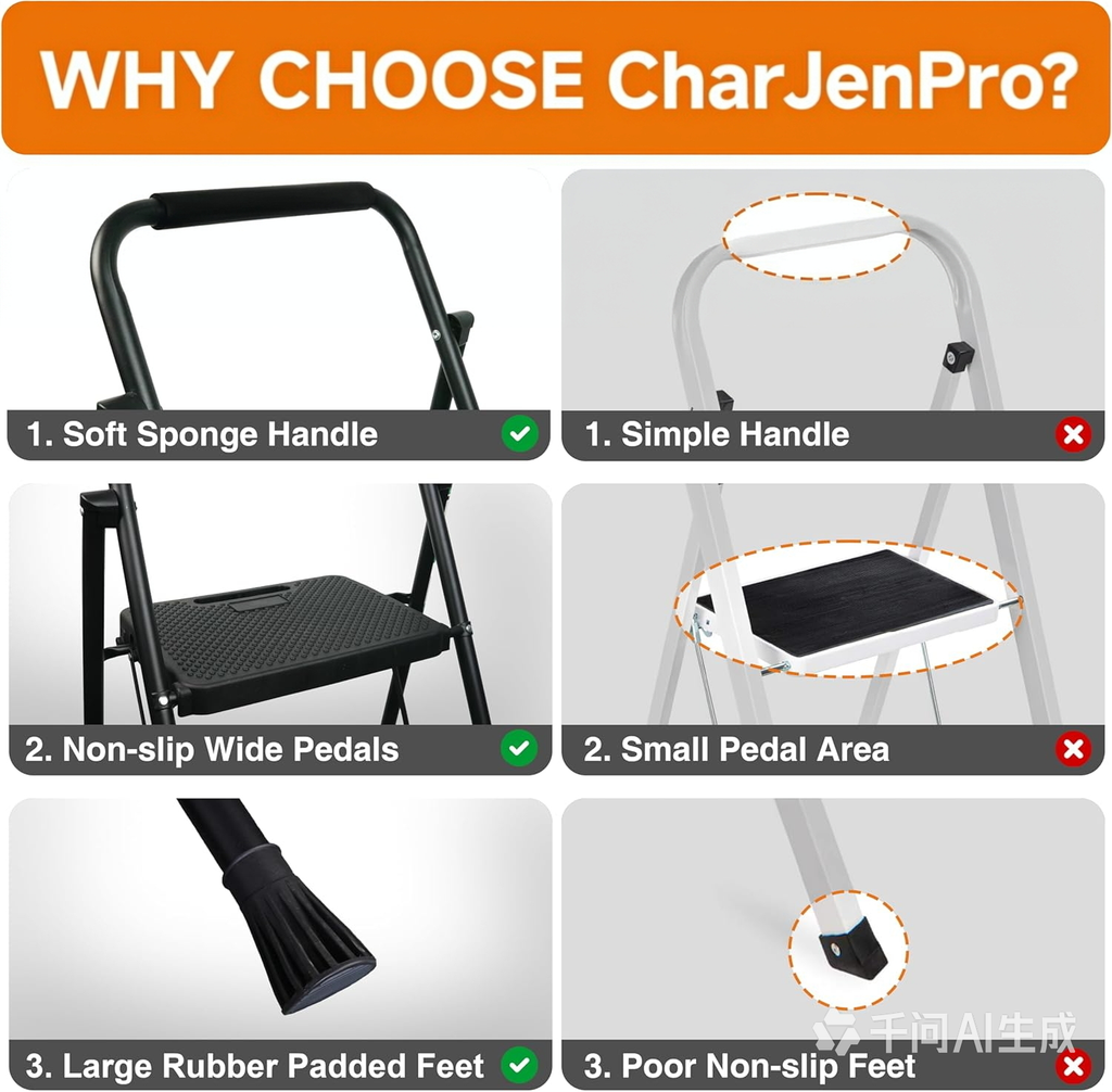CharJenPro Step Ladder, Folding Step Stool with Wide Anti-Slip Pedals, Sturdy Steel Ladder with Handrail, Space-Saving, Portable for Home & Adults, 3 Step Ladder