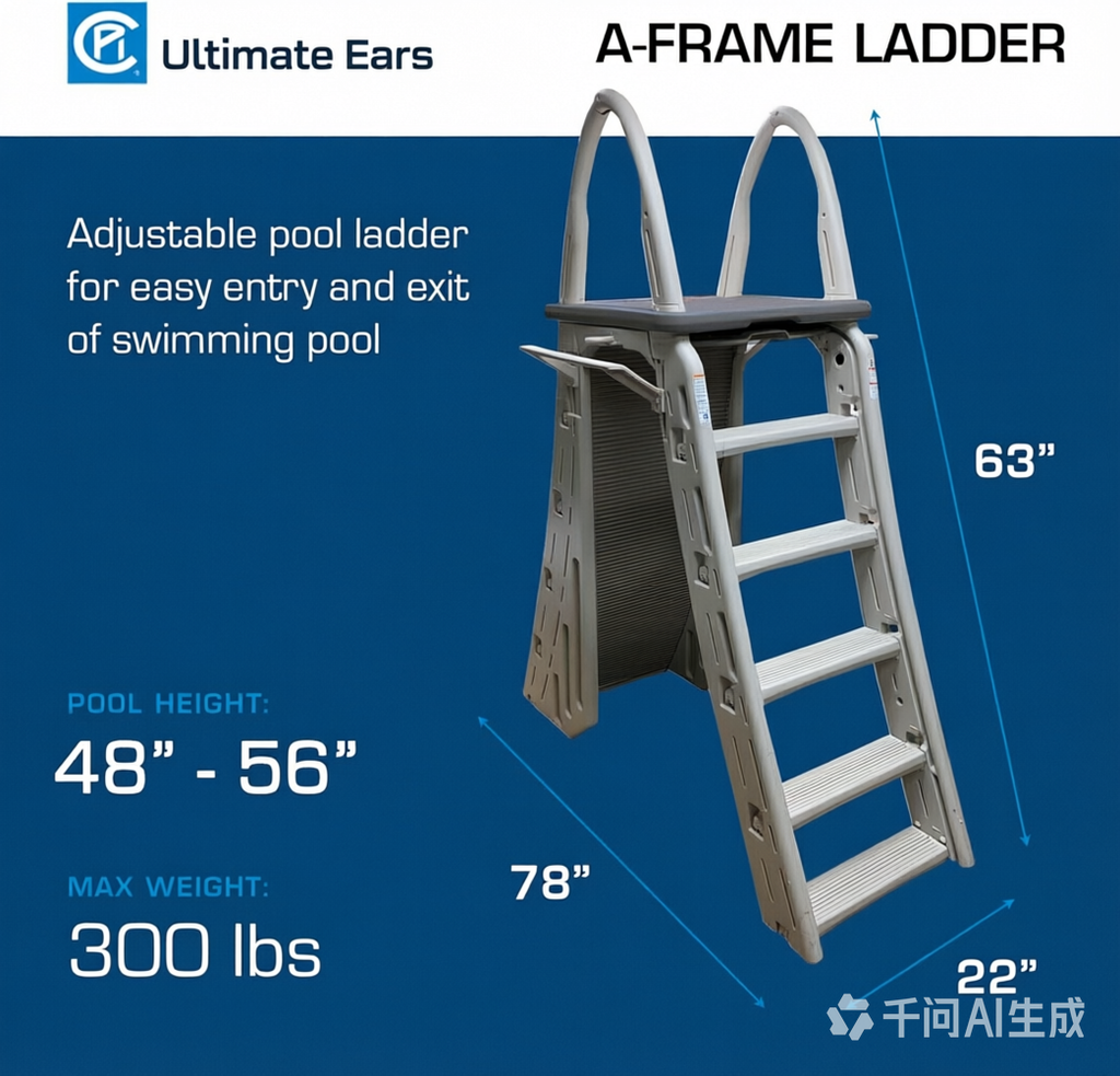 Ultimate Ears  7200 Roll Guard fits Above-Ground Pool Heights from 48" to 56" A Frame Safety Ladder for Above Ground Outdoor Patio Swimming Pool Platform Ladder with Step Barrier, Gray Deck & Tambour