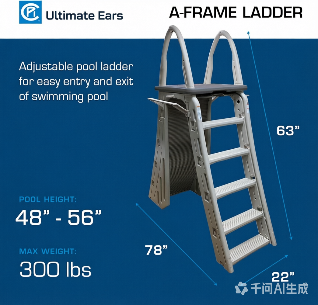 Ultimate Ears  7200 Roll Guard fits Above-Ground Pool Heights from 48" to 56" A Frame Safety Ladder for Above Ground Outdoor Patio Swimming Pool Platform Ladder with Step Barrier, Gray Deck & Tambour