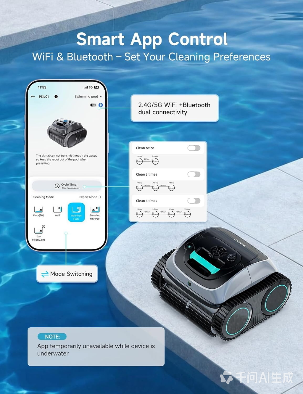 (2026 Upgrade) PSIL C1 Cordless Robotic Pool Cleaner, 4-in-1 Pool Vacuum for Inground Pools & Above Ground Pool Up to 150 Mins Runtime, Power Suction with Smart Navigation & APP Control, Lake Green