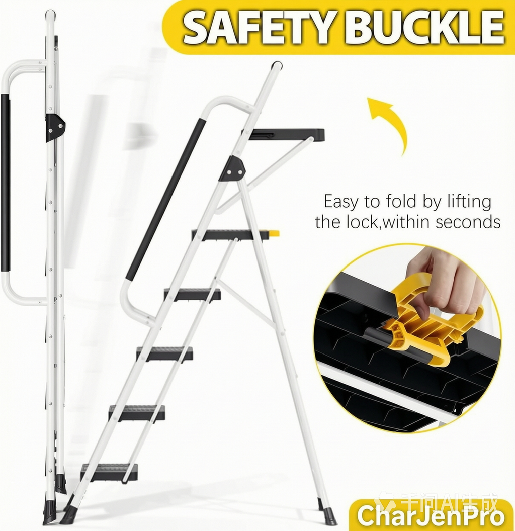 CharJenPro Folding 5-Step Ladder, 800 lbs Capacity Step Stool with Safety Lock, Tool Tray, Non-Skid Wide Steps, Handrail, Household Folding Ladder for Home, Garden, Painting, Outdoor, and Garage, White