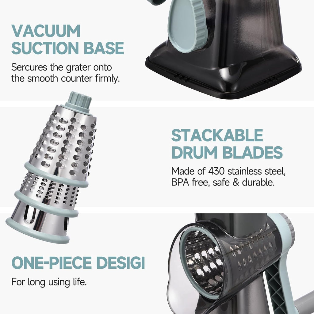 Rotary Cheese Grater with Handle Kitchen Shredder Slicer Grater Slicer Ice Shaver Cheese Vegetable Nuts Potato Zucchini Chocolate 3 Interchangeable Blades (GreyBlue