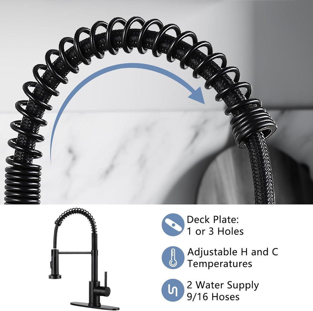 Kitchen Faucets with Pull Down Sprayer Single Handle 1 or 3 Holes Spring Kitchen Sink Faucet with Deck Plate for Farmhouse RV Vessel Basin (Matte Black)