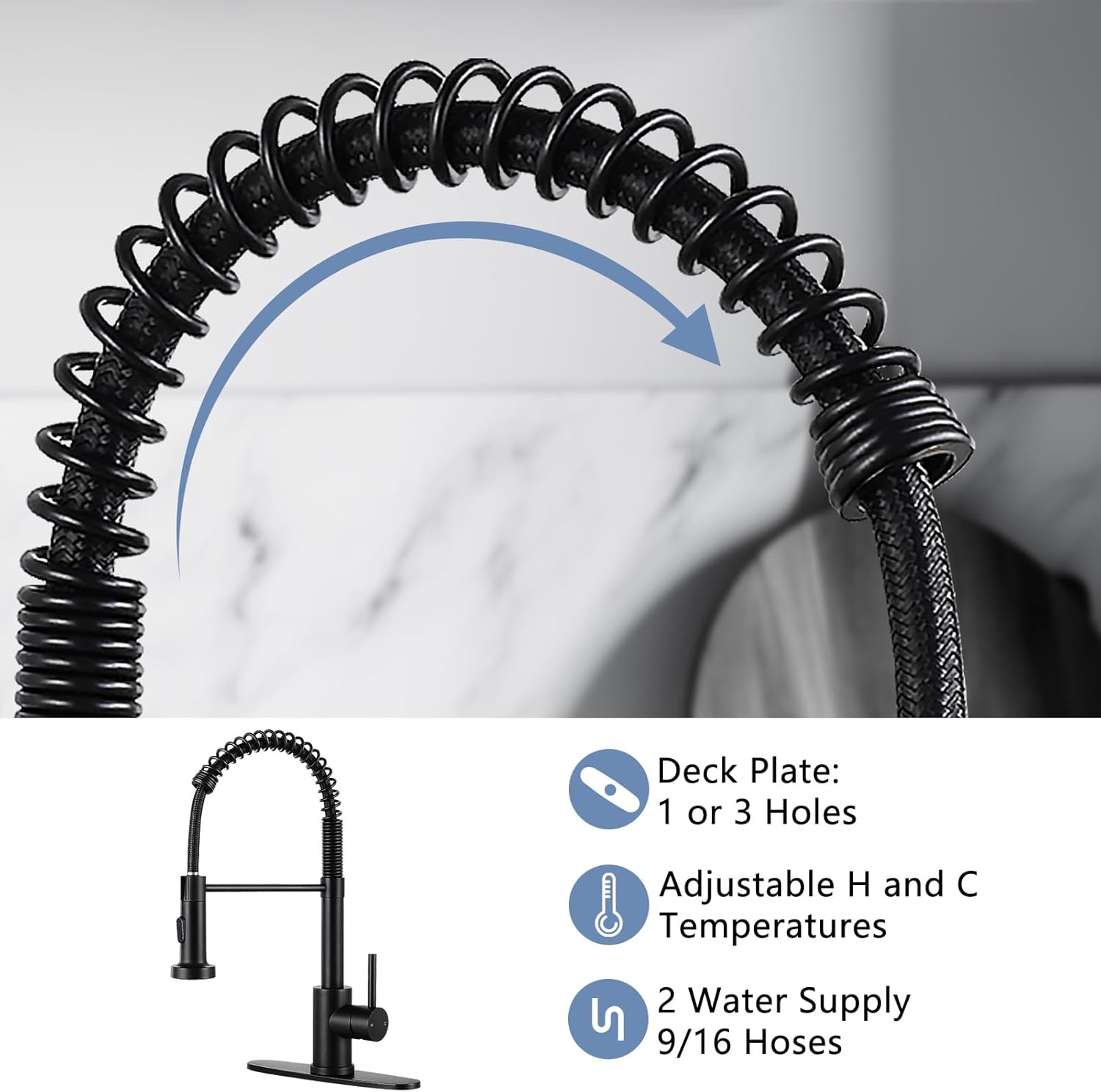 Kitchen Faucets with Pull Down Sprayer Single Handle 1 or 3 Holes Spring Kitchen Sink Faucet with Deck Plate for Farmhouse RV Vessel Basin (Matte Black)