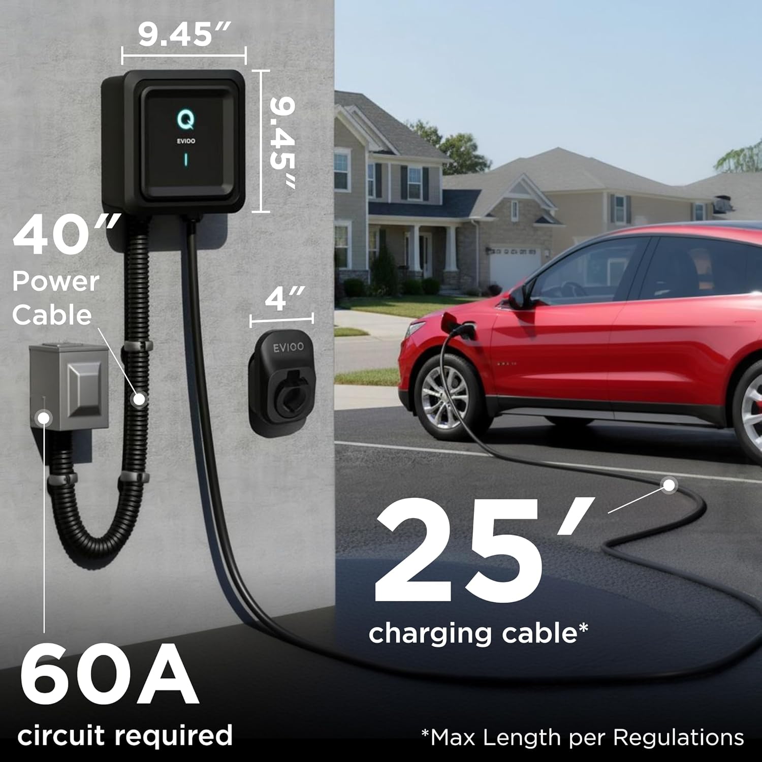 Ultimate Ears Level 2 EV Charger, 48 Amp 240V, J1772 Charger for Non-Tesla EVs, 25ft Cable, WiFi (2.4GHz) Smart App, Weatherproof Indoor/Outdoor (IP66, NEMA 4), UL & ETL Certified, Hardwired, 11.5kW