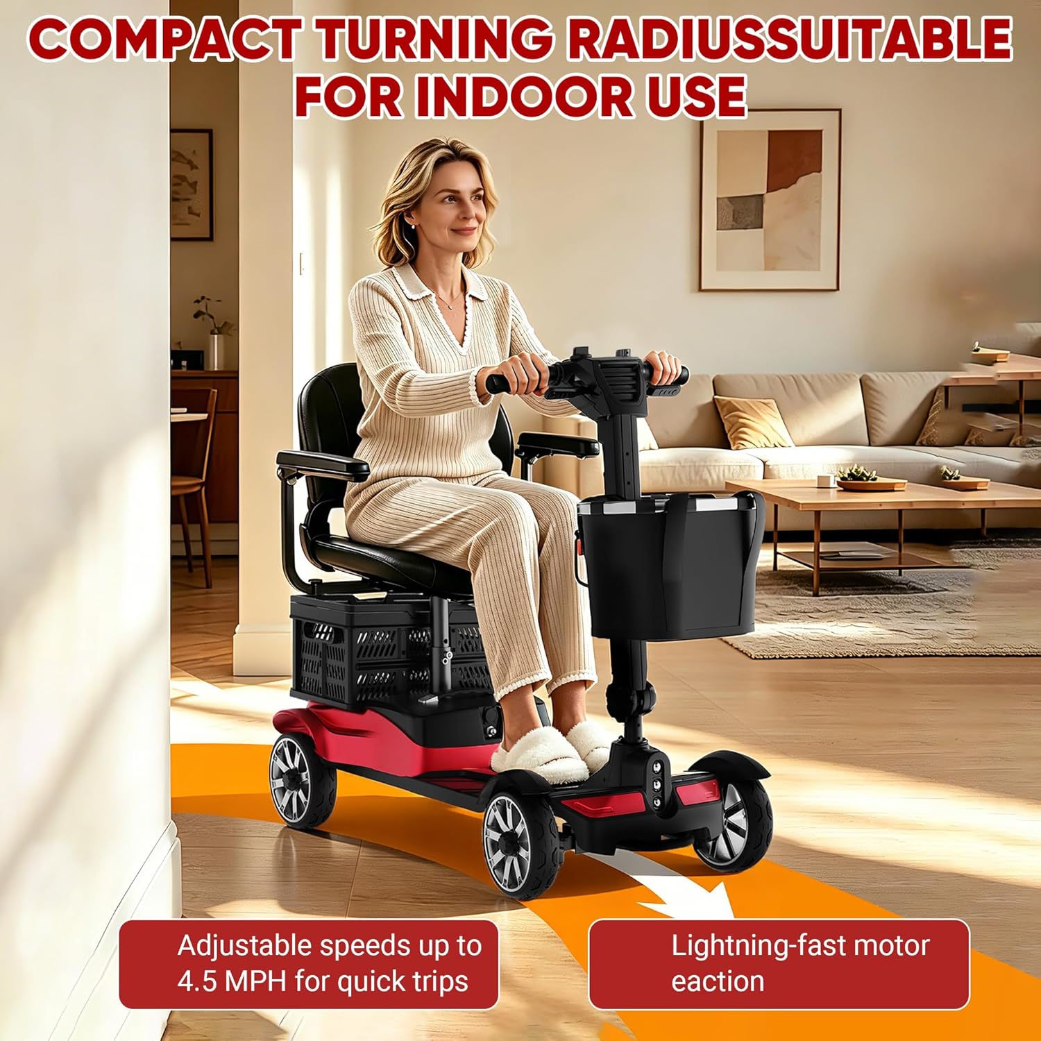 Mobility Scooter for Adults, 4 Wheel Motorized Mobility Scooter w/Storage Basket, 350LBS Capacity & Detachable Battery, 15Miles Electric Powered Mobility for Outdoor (Red, 15 MI-5)