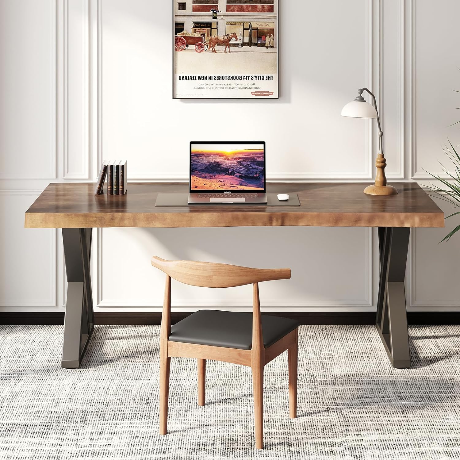 Ultimate Ears Solid Wood Desk 55 inches, Home Office Computer Desk Wooden Rustic Writing Desk Metal Modern Simple Design Executive Real Wood Desk(Rustic Brown)
