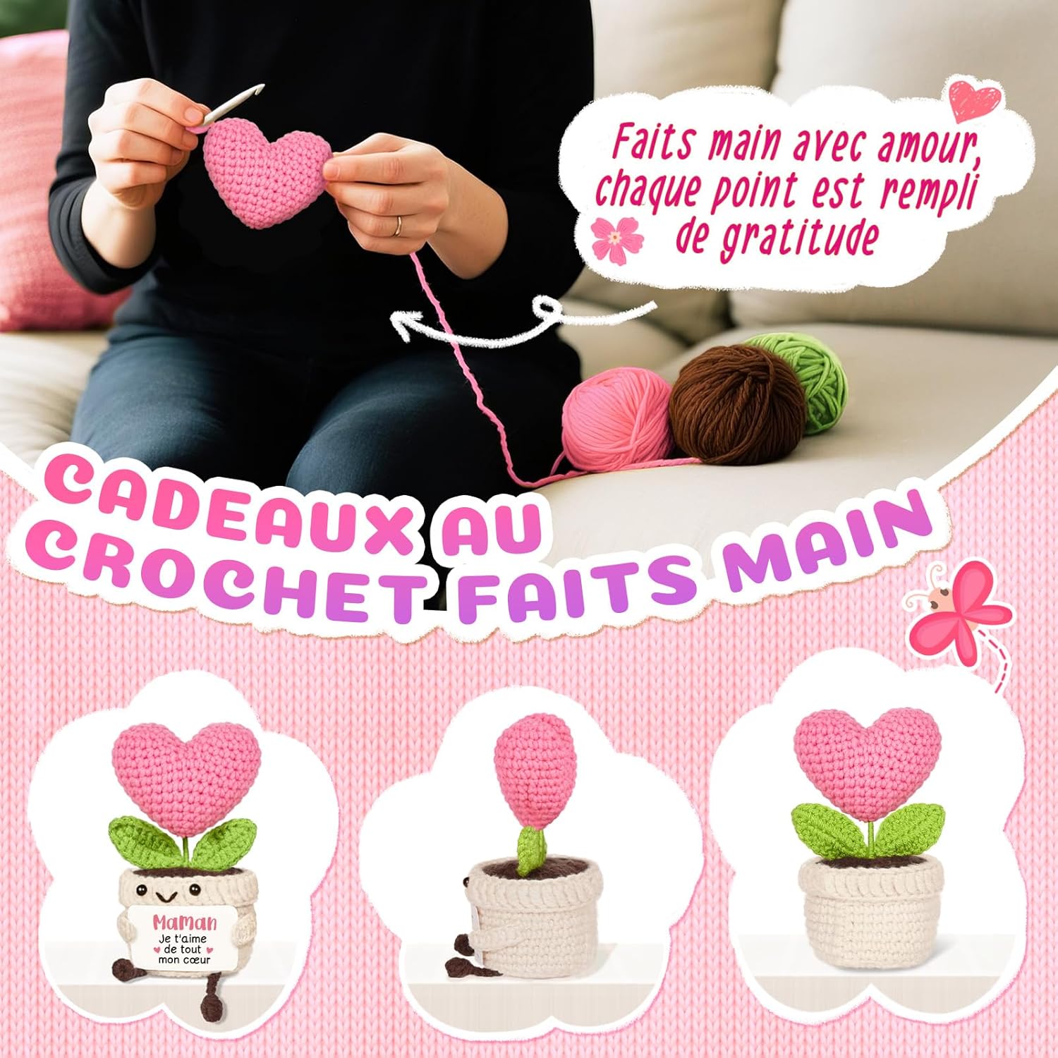PSIL Cadeau Maman, Cadeau Anniversaire Maman - Décoration en Forme de Cœur Tricotée Rose, Cadeaux Fete des Meres, Cadeaux Mere Noel