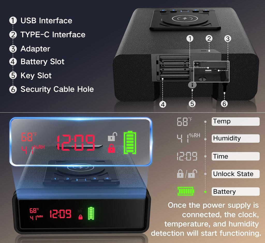 PSIL Biometric Smart Gun Safe with Wireless Charging, 3 Quick Access Money Box with Fingerprint - Compact Bedside Drawer Safe, 24/7 Digital Clock handgun safe,Gifts for Father's Day
