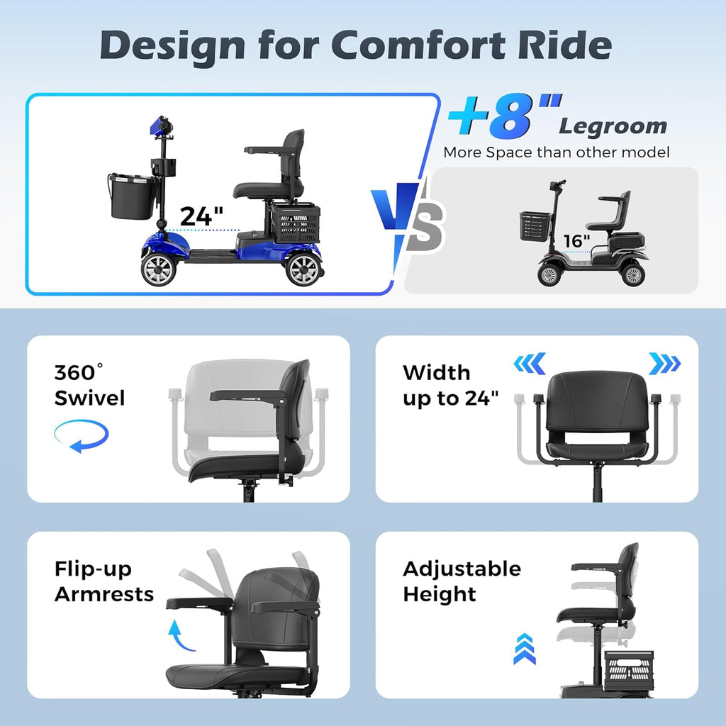 Foldable 4-Wheel Mobility Scooter for Adults – Portable Motorized Scooter with 330 lbs Capacity, Detachable Battery, Dual Baskets, Cup & Phone Holder, Blue