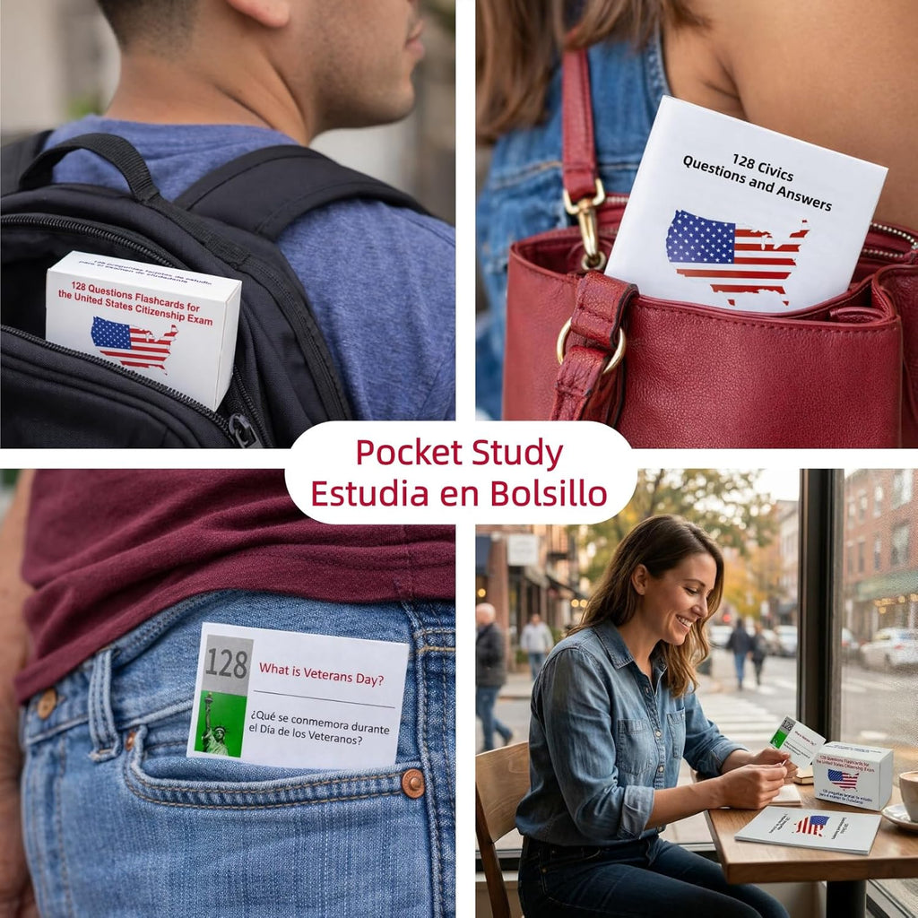PSIL Upgrade US Citizenship Flash Cards 2026, New Version with Audio, N-400 Vocabulary Definition, Reading & Writing Test, 128 Q&A, Souvenir Pin, English & Spanish Portable Study Guide