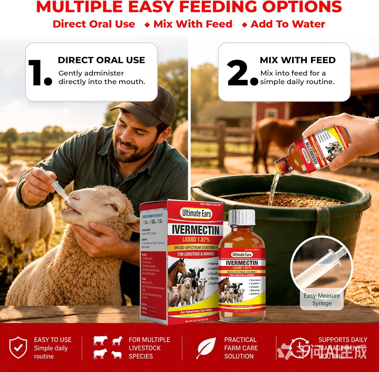 Ultimate Ears Dewormer for Horse, Dewormer for Goat and Cattle & More, Ivermectin Liquid for All Wormers, Tapeworms, Roundworms & Hookworms