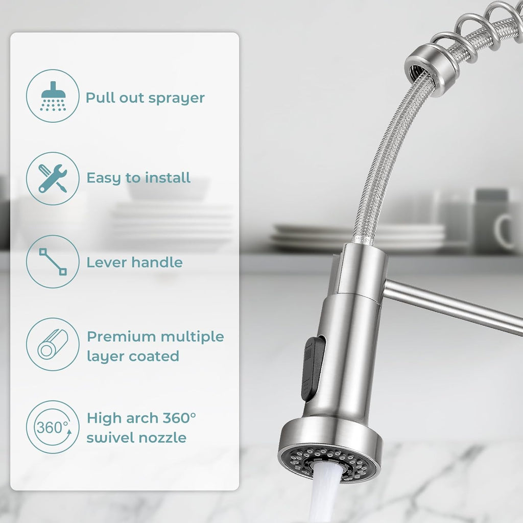 PSIL Kitchen Faucet with Pull Down Sprayer,Commercial Single Handle Stainless Steel Kitchen Faucets with Deck Plate (Brush Nickel)